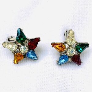 Vintage ORA Multicolored Rhinestone Star Clip Earrings